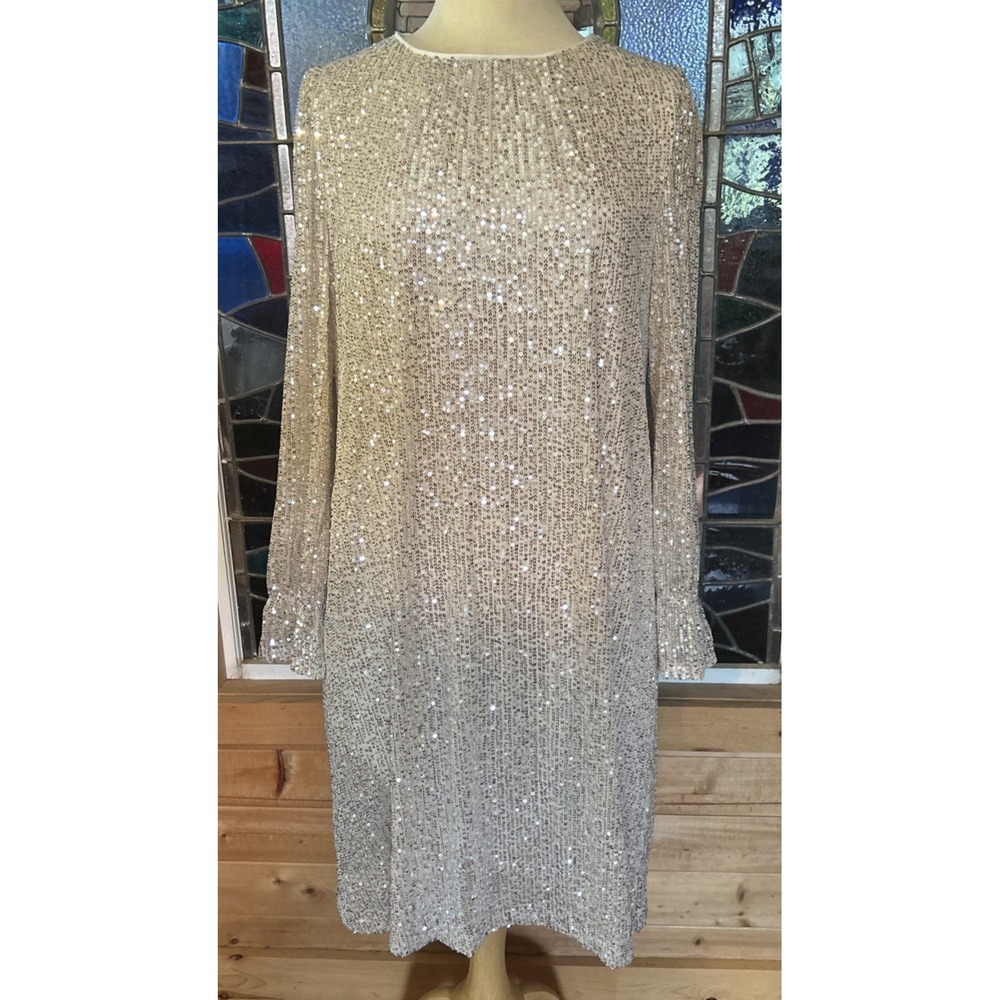 Maia Womens Silver Sequin Long Sleeve Sheath Dress Party Holiday Size 12 Lined